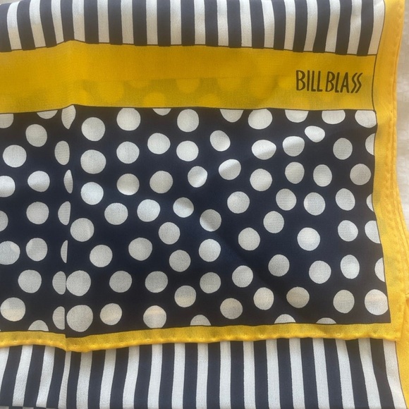 Vintage BILL BLASS Blue & Yellow Striped and Polka Dot Silk Scarf - Picture 5 of 11